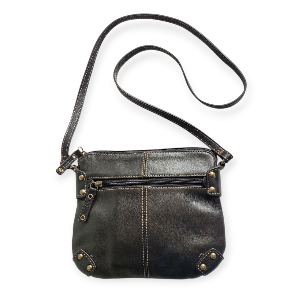 Fossil  Leather Crossbody Bag Brass Studs Black With Topstitching